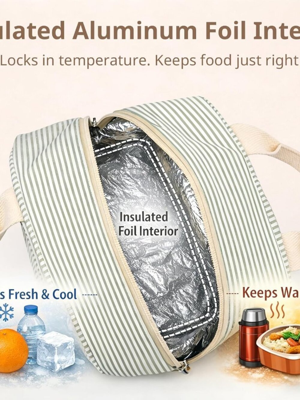 LOVELYWIND Lunch Box for Women,Insulated Lunch Bag,Green Stripe14-Can(9L) - Picture 6 of 9